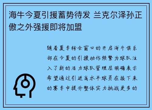 海牛今夏引援蓄势待发 兰克尔泽孙正傲之外强援即将加盟